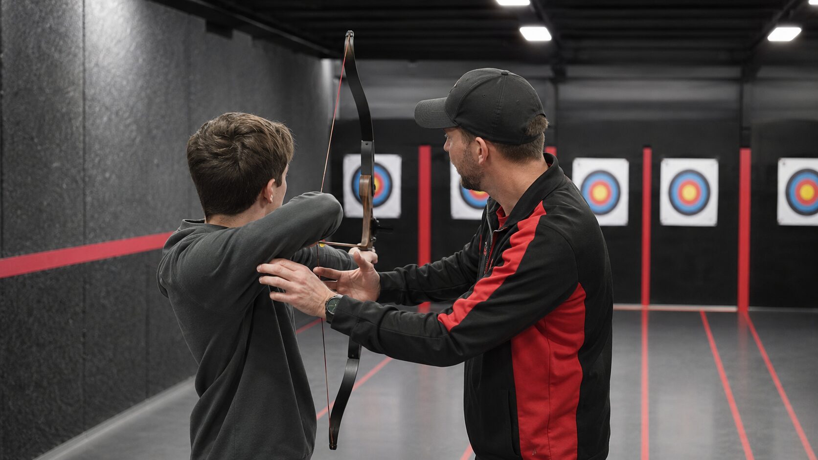 An OnPoint Archery coach adjusting a new archer's draw arm and bow hand on the range.