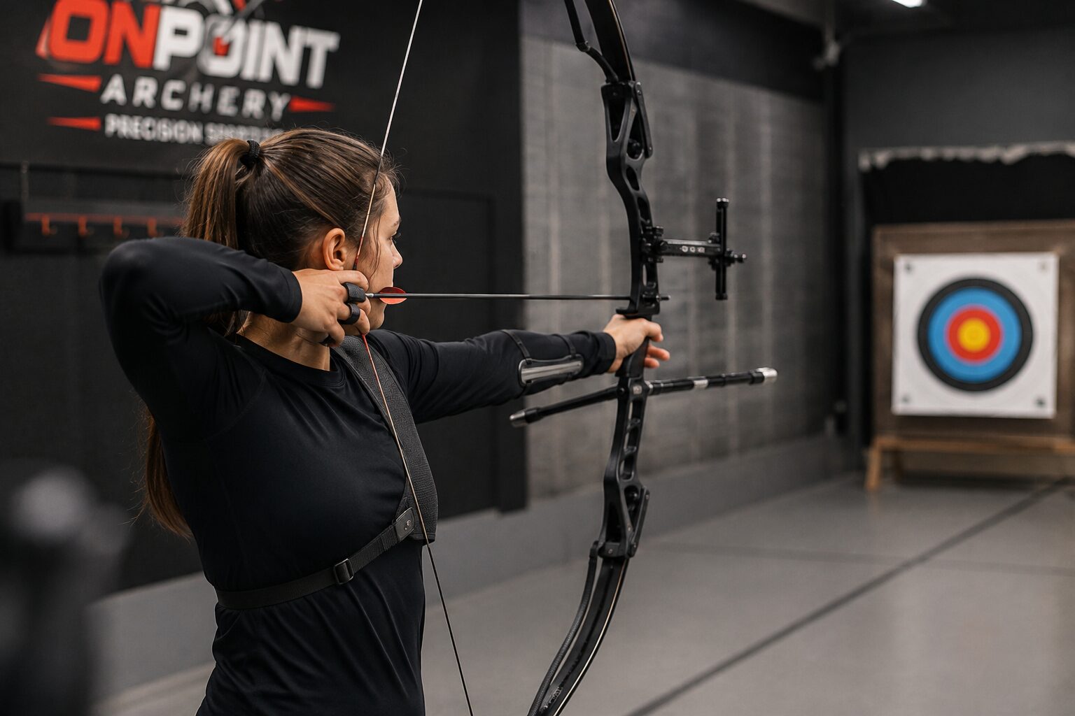 An archer at full draw on the indoor range at OnPoint Archery, aiming at a target face.