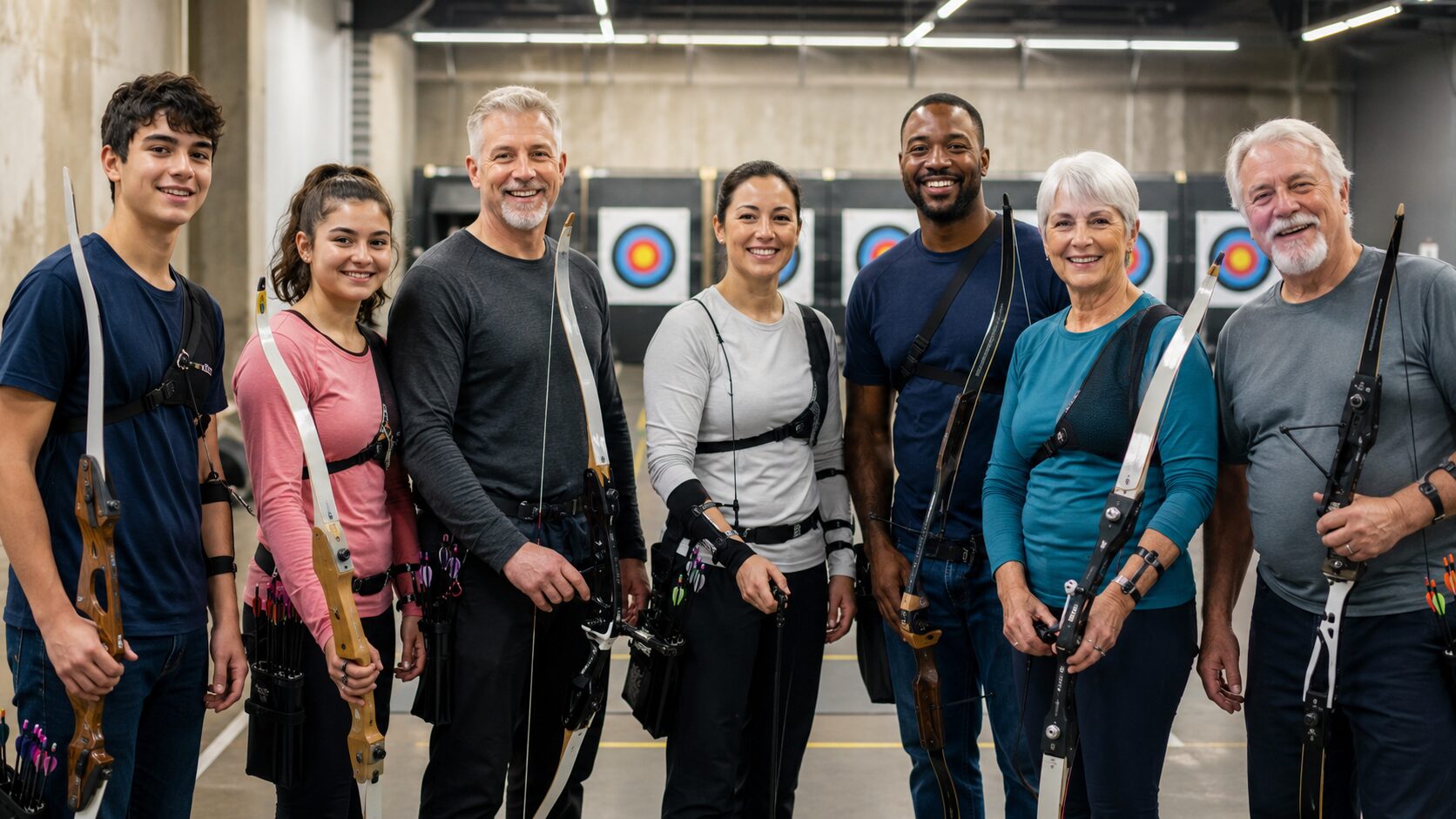 A group of archers of different ages shooting side by side on the indoor range at OnPoint Archery in Scarborough.