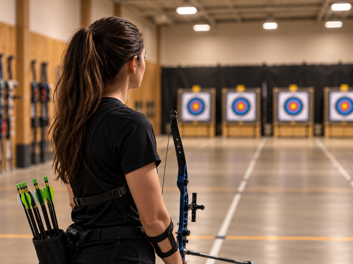 A group shooting side by side on the indoor range at OnPoint Archery.