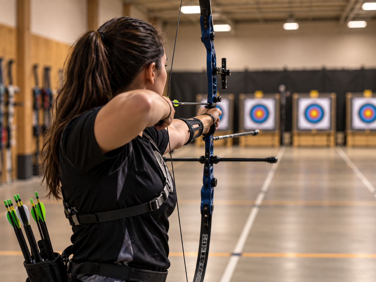 An archer in a fitted top and arm guard at full draw on the indoor range.