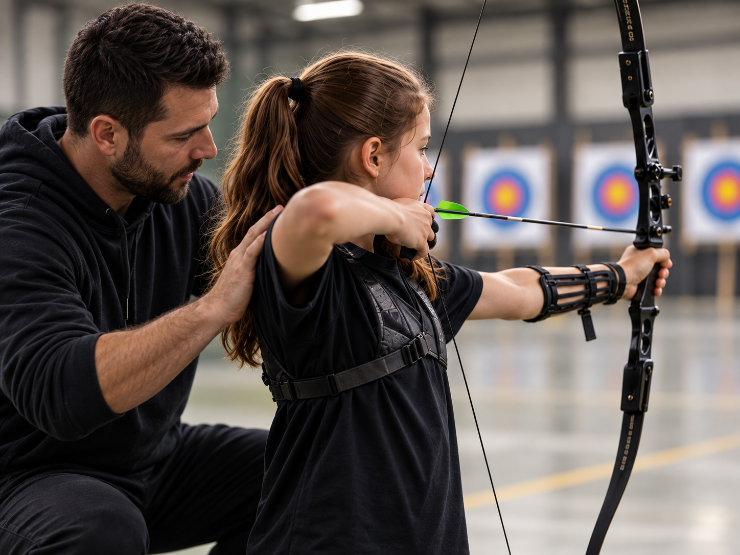 An NCCP-certified coach teaching a beginner archer on the range at OnPoint Archery in Scarborough.