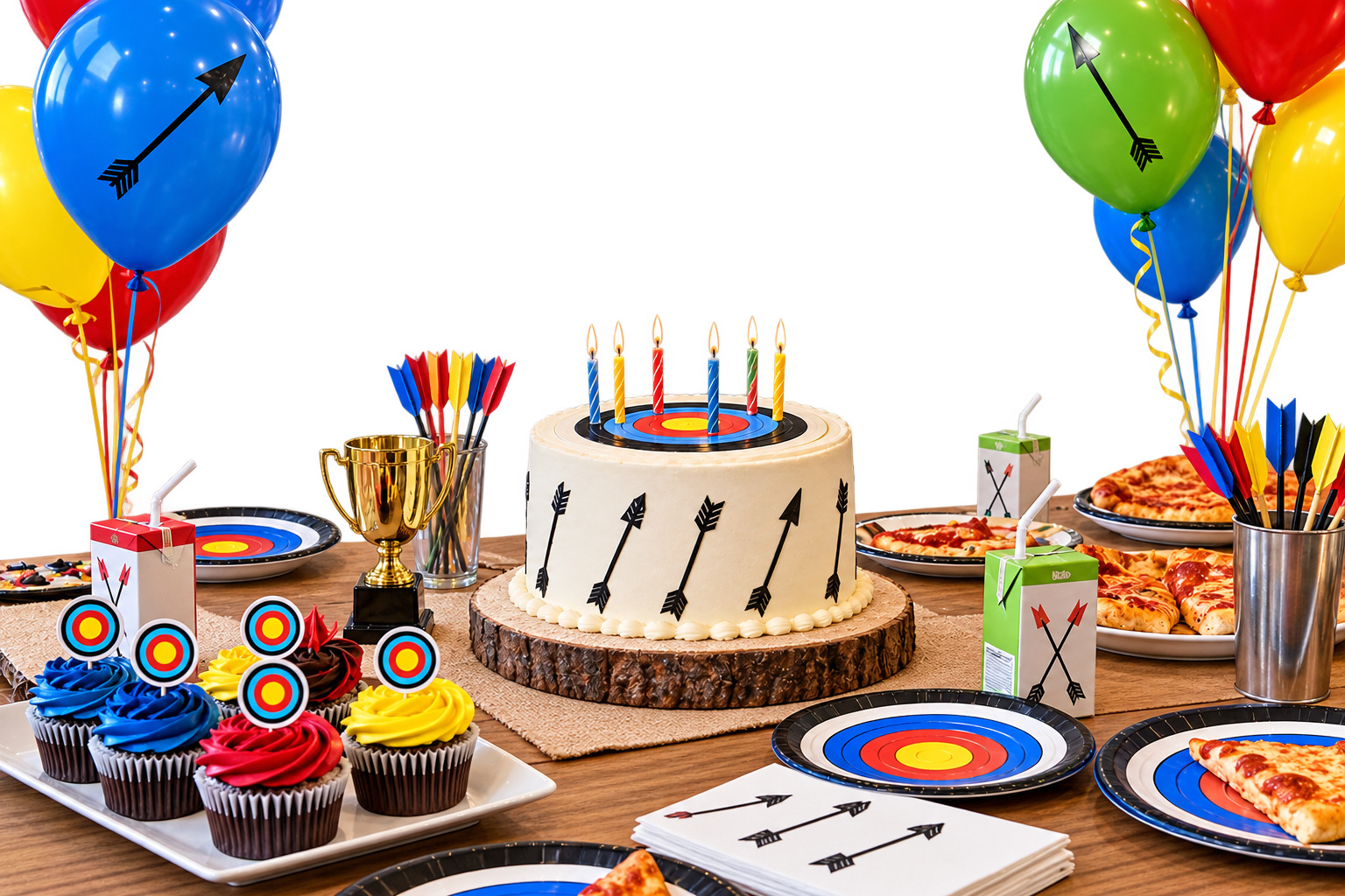 an archery cake and archery bow and arrow decorations for a birthday party at onpoint archery in toronto scarborough canada