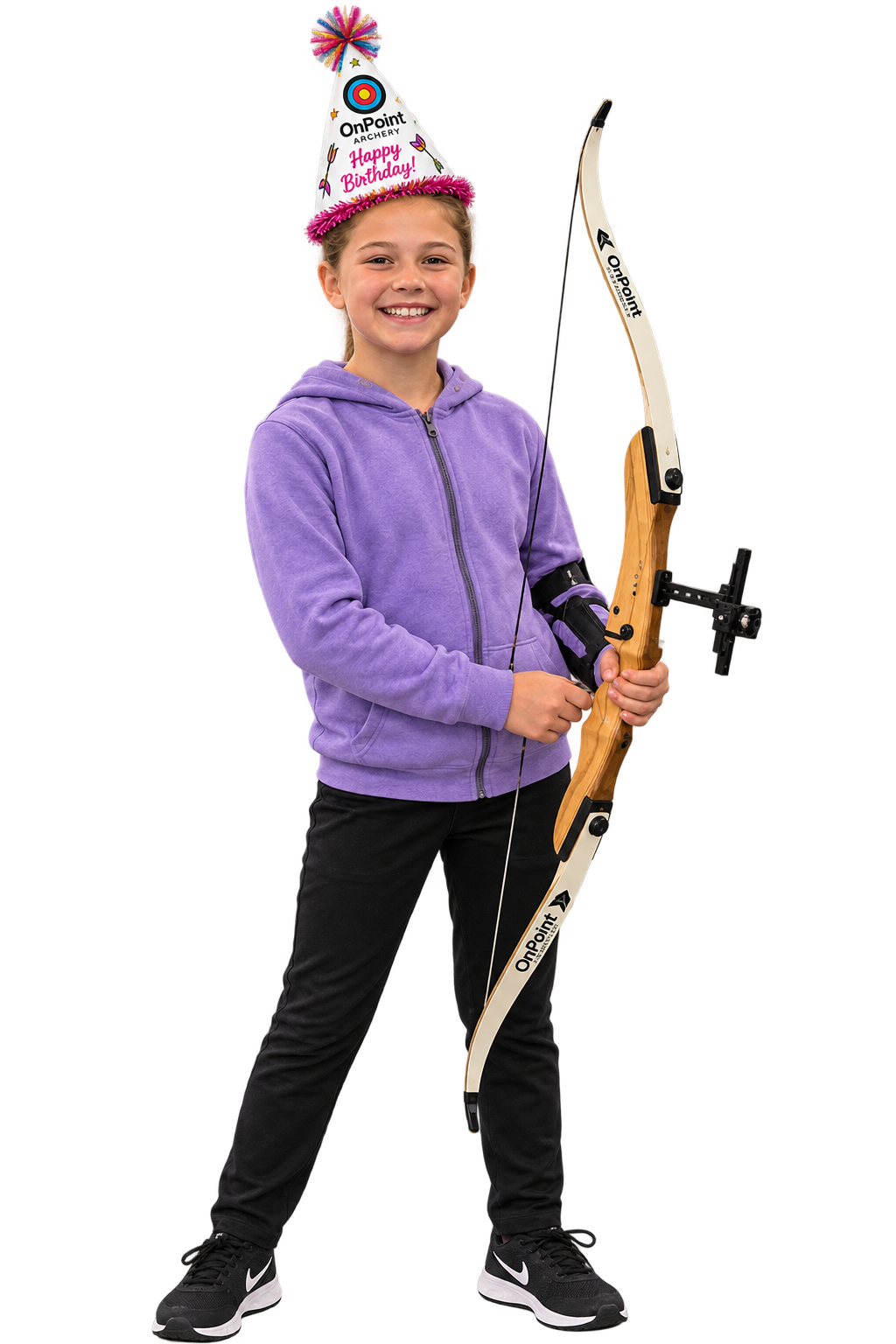 A young archer taking aim during a birthday party session at OnPoint Archery