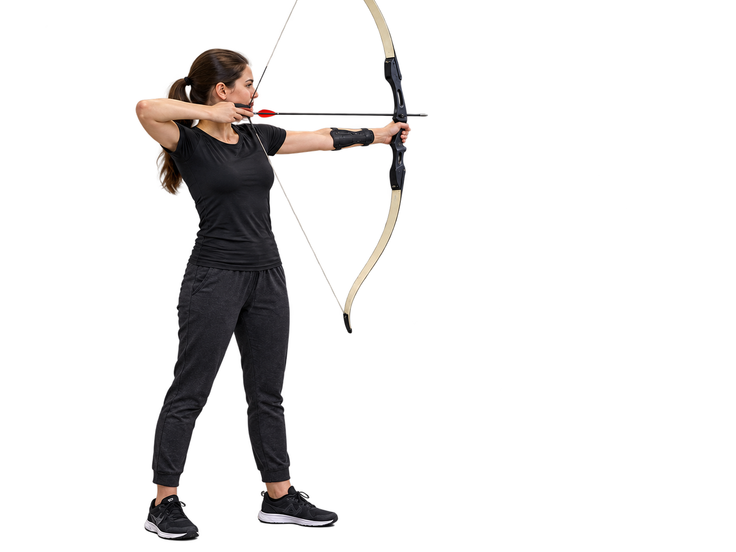 An archer in a fitted top showing correct posture and a clear forearm along the string path.